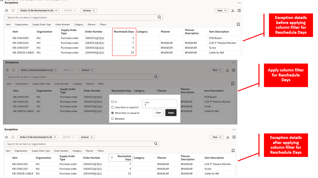 Exception details before and after applying column filter