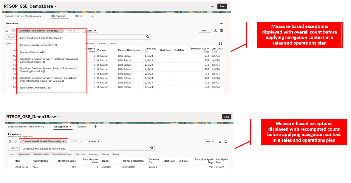 Exceptions displayed with relevant details, applying navigation context drill from Items in a sales and operations plan