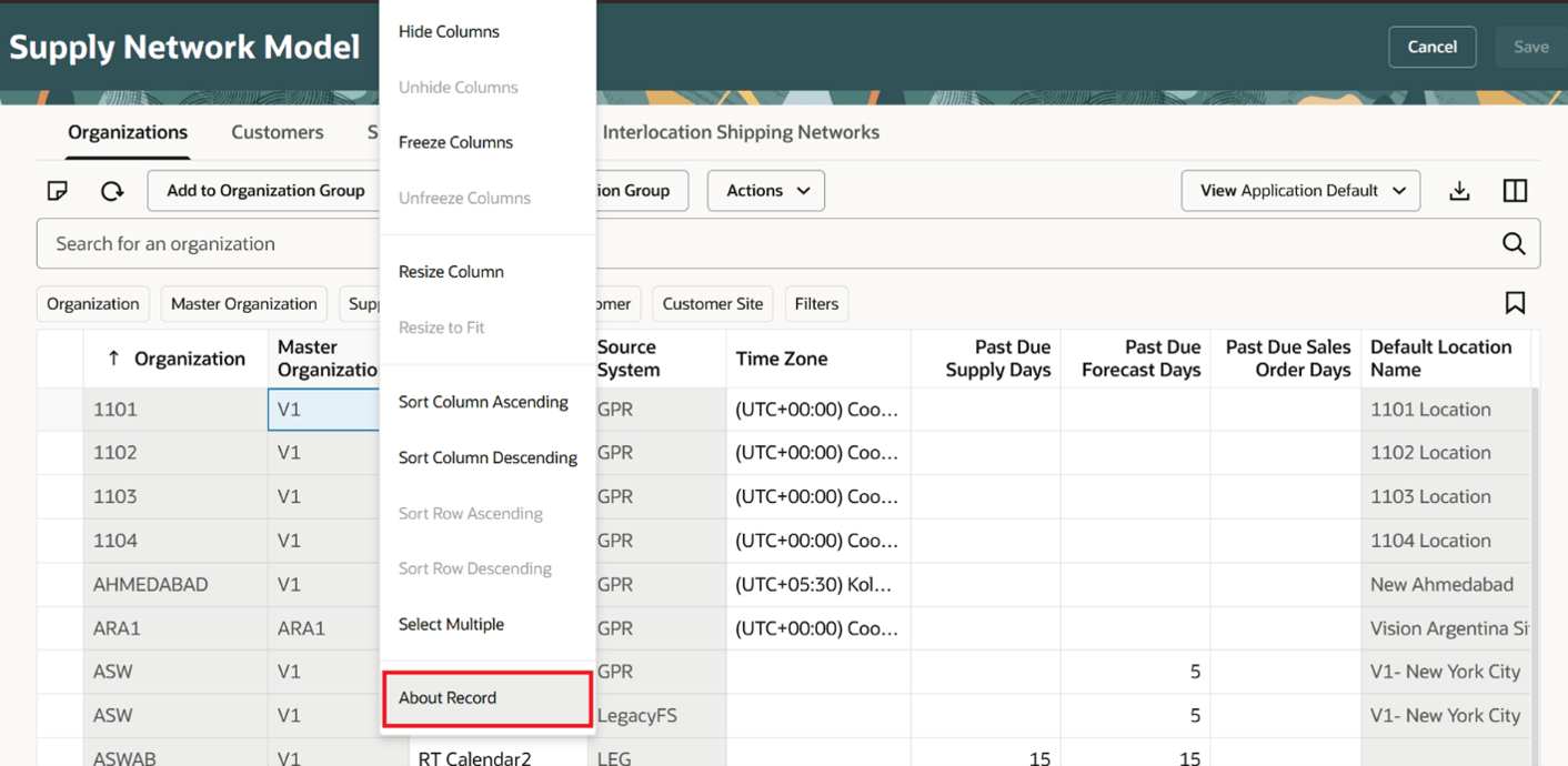 Supply Network Model’s Organizations tab