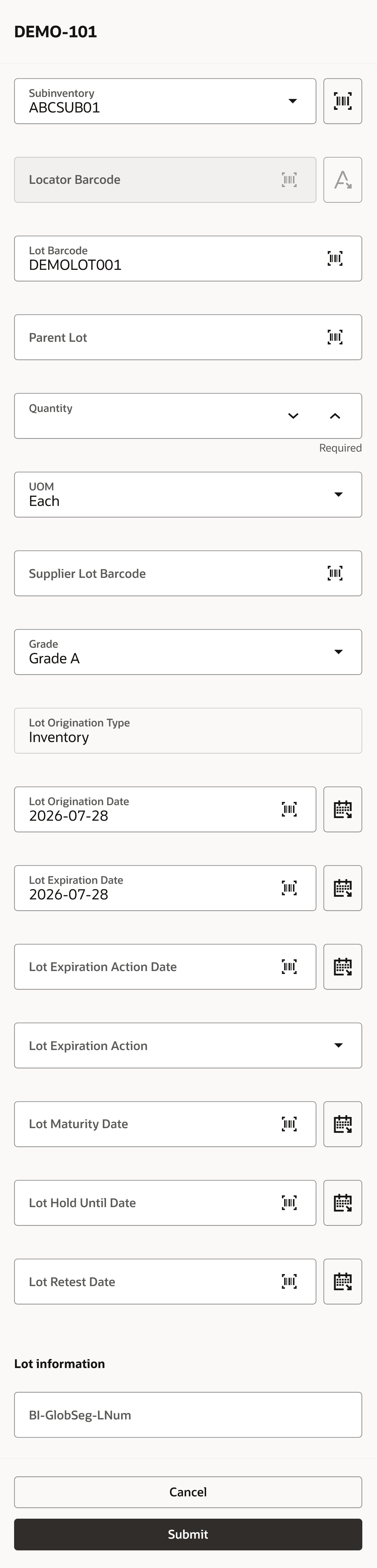 Capture lot attributes during miscellaneous receipt