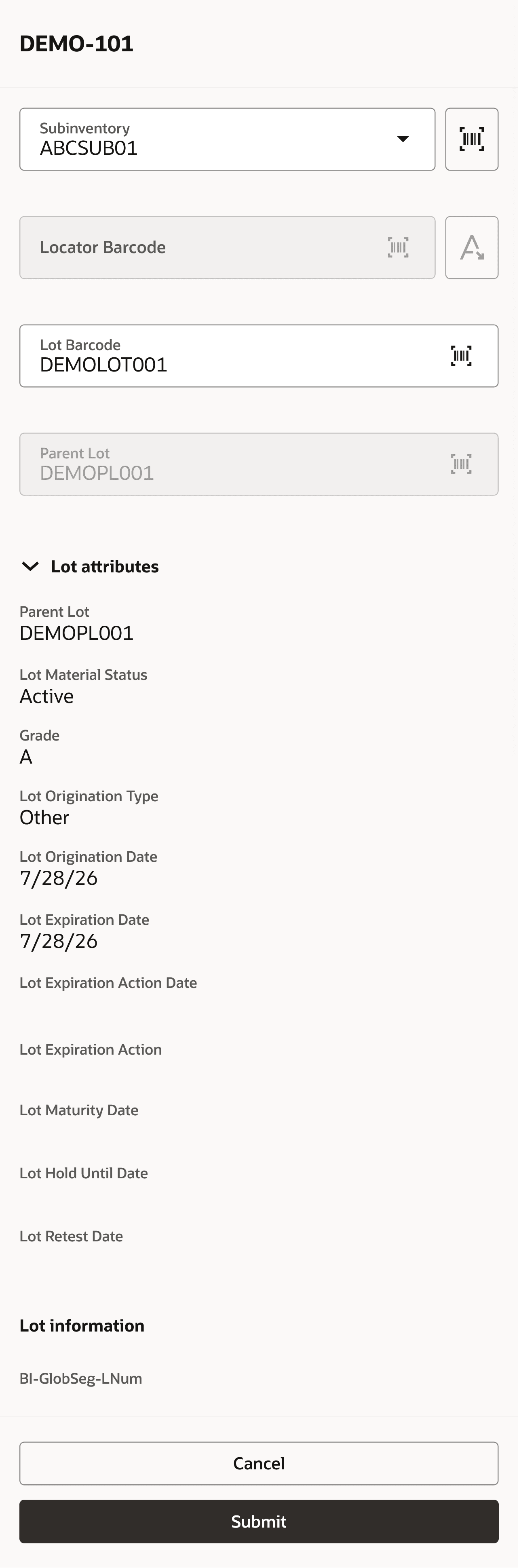 View lot attributes during miscellaneous receipt