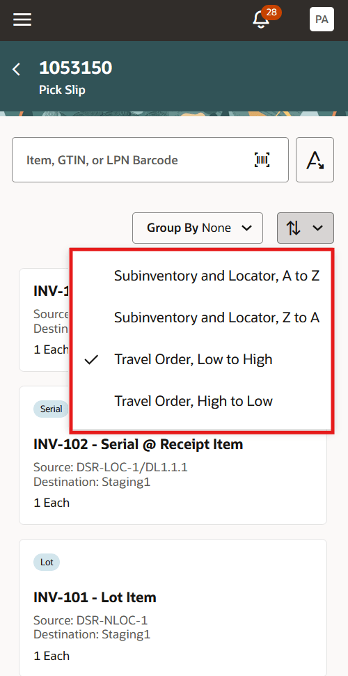 Sort options in Confirm Picks