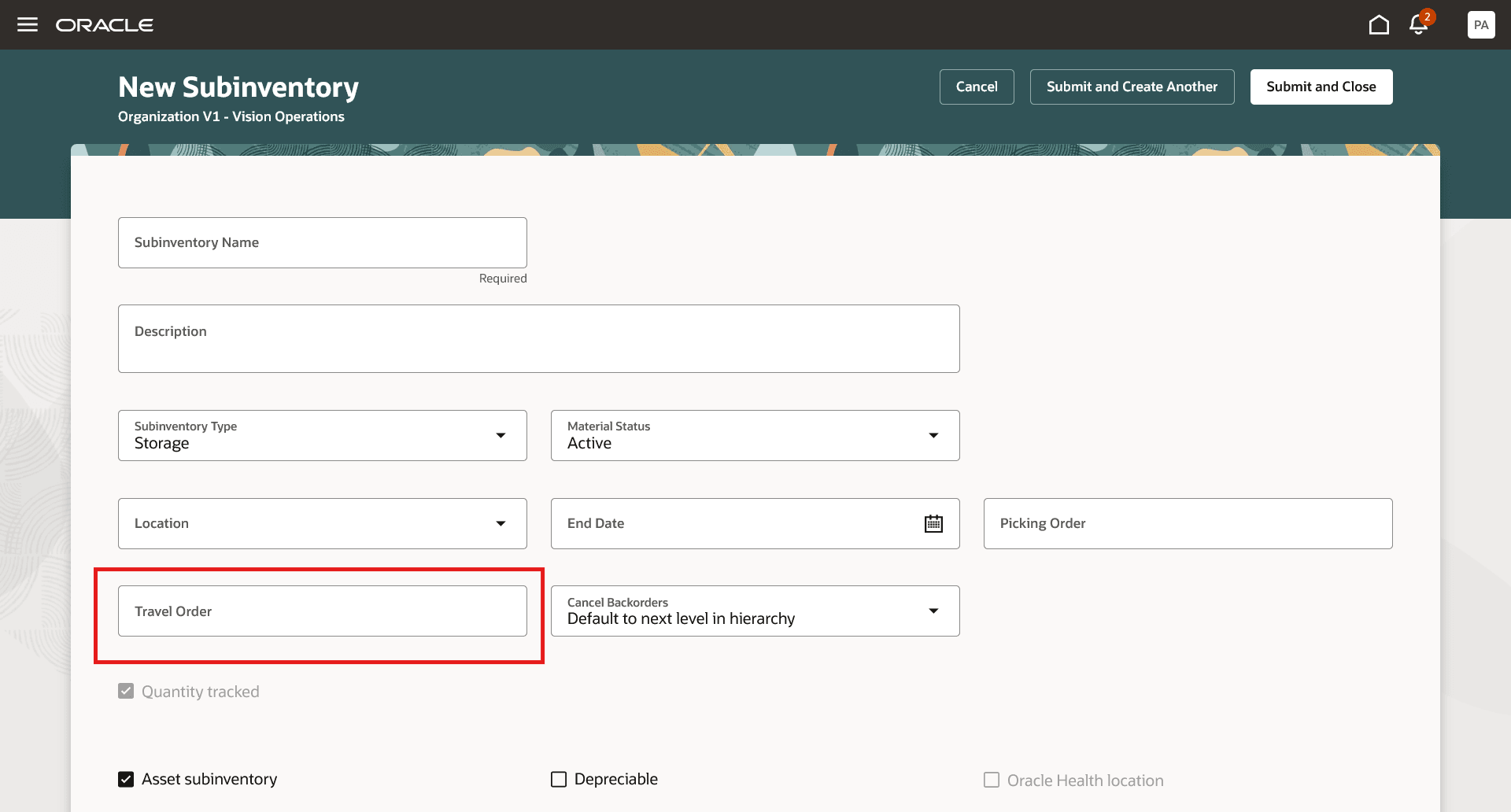 Travel Order field in Configure Subinventories
