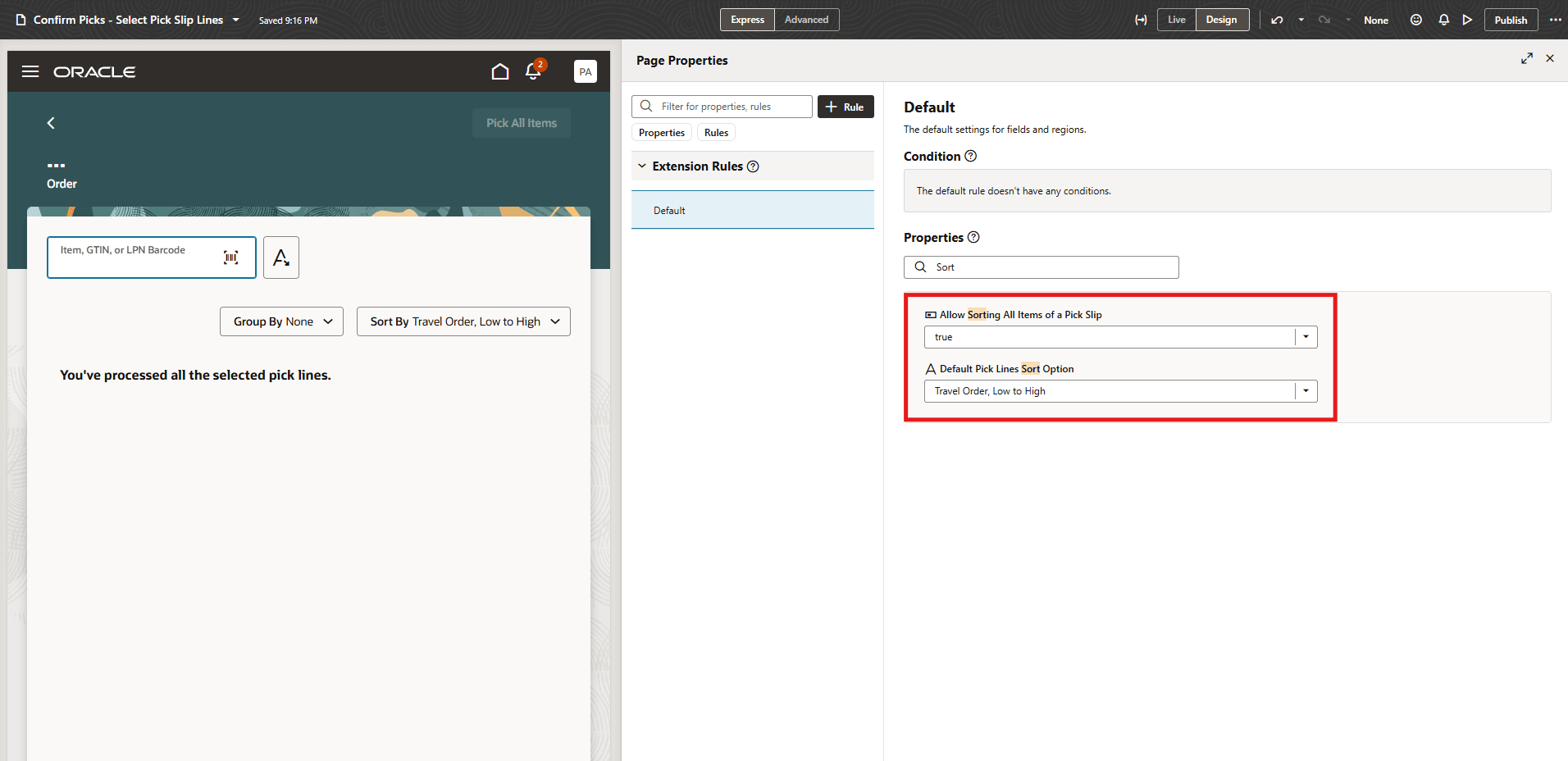 Page properties for enabling sorting and choosing the default sort option
