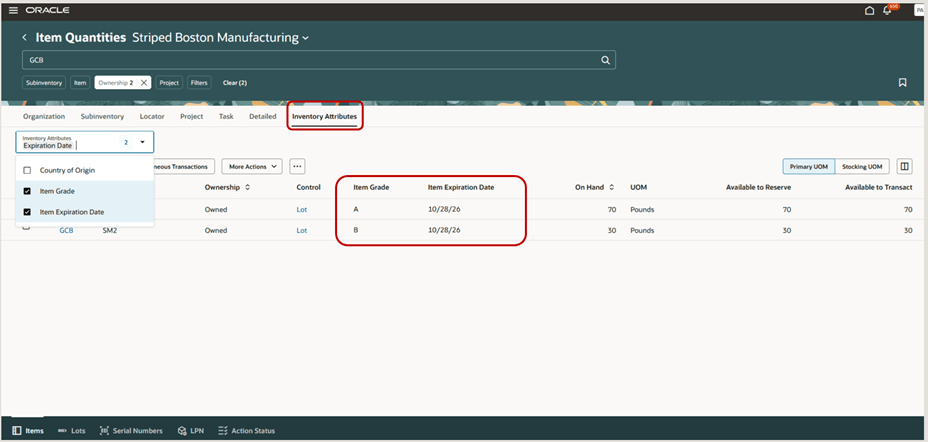 View Item Quantities by Grade and Expiration Date