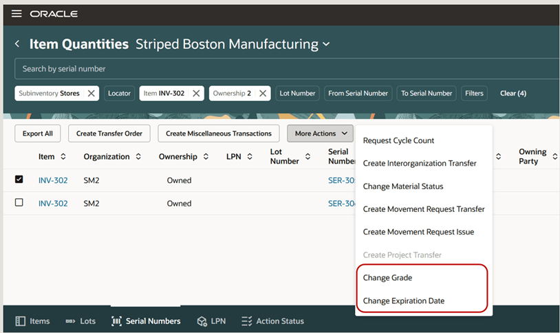 Change Grade and Change Expiration Date actions in Item Quantities