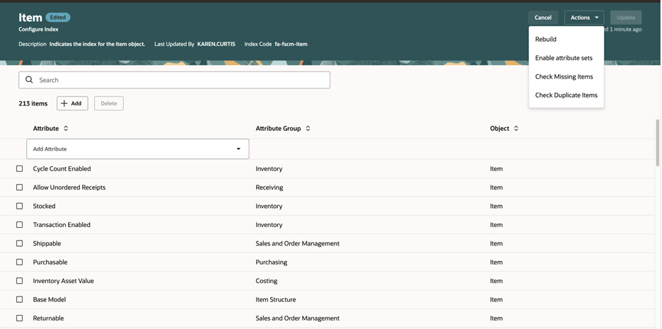 Actions List on Configure Index Page