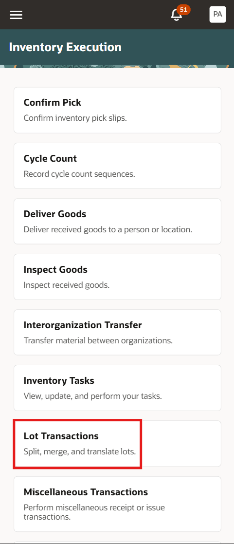 Lot Transaction Task