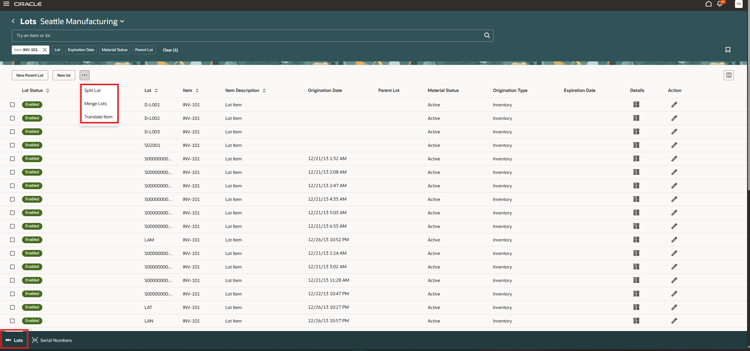 Lots and Serials page