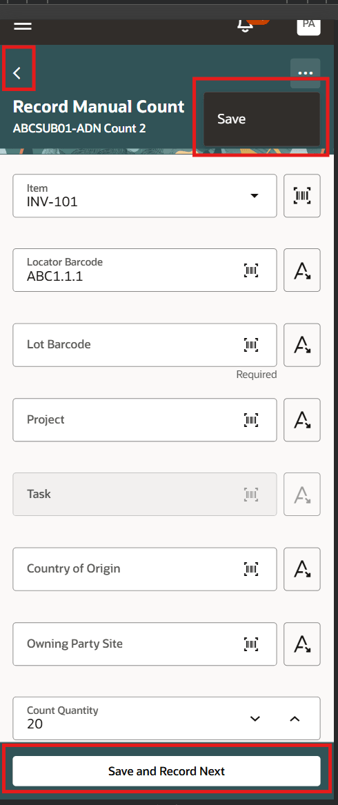 Use Save and Record Next to record the current manual cycle count and continue with the next entry.