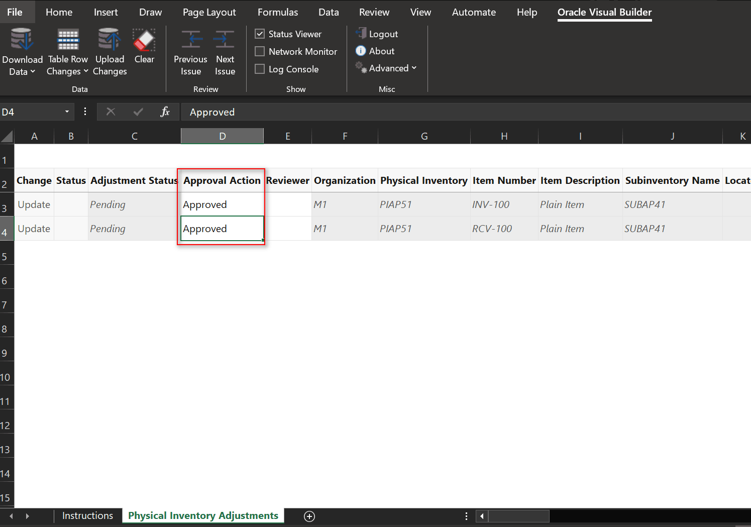 Actions in Spreadsheet