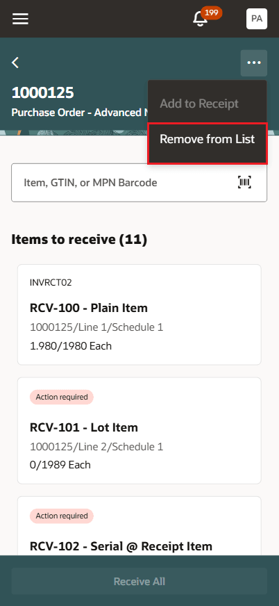 Items to receive - Remove from List
