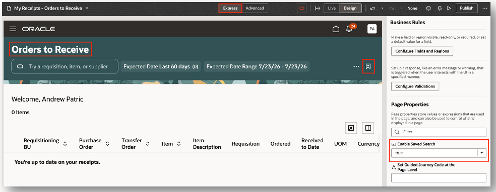 Enable saved. search on Orders to Receive page