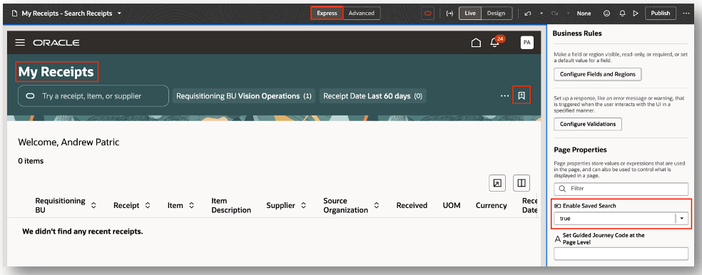Enable saved search on My Receipts page
