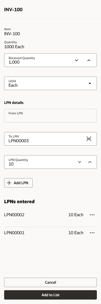 Packing a line into multiple LPNs in the Receive Goods page