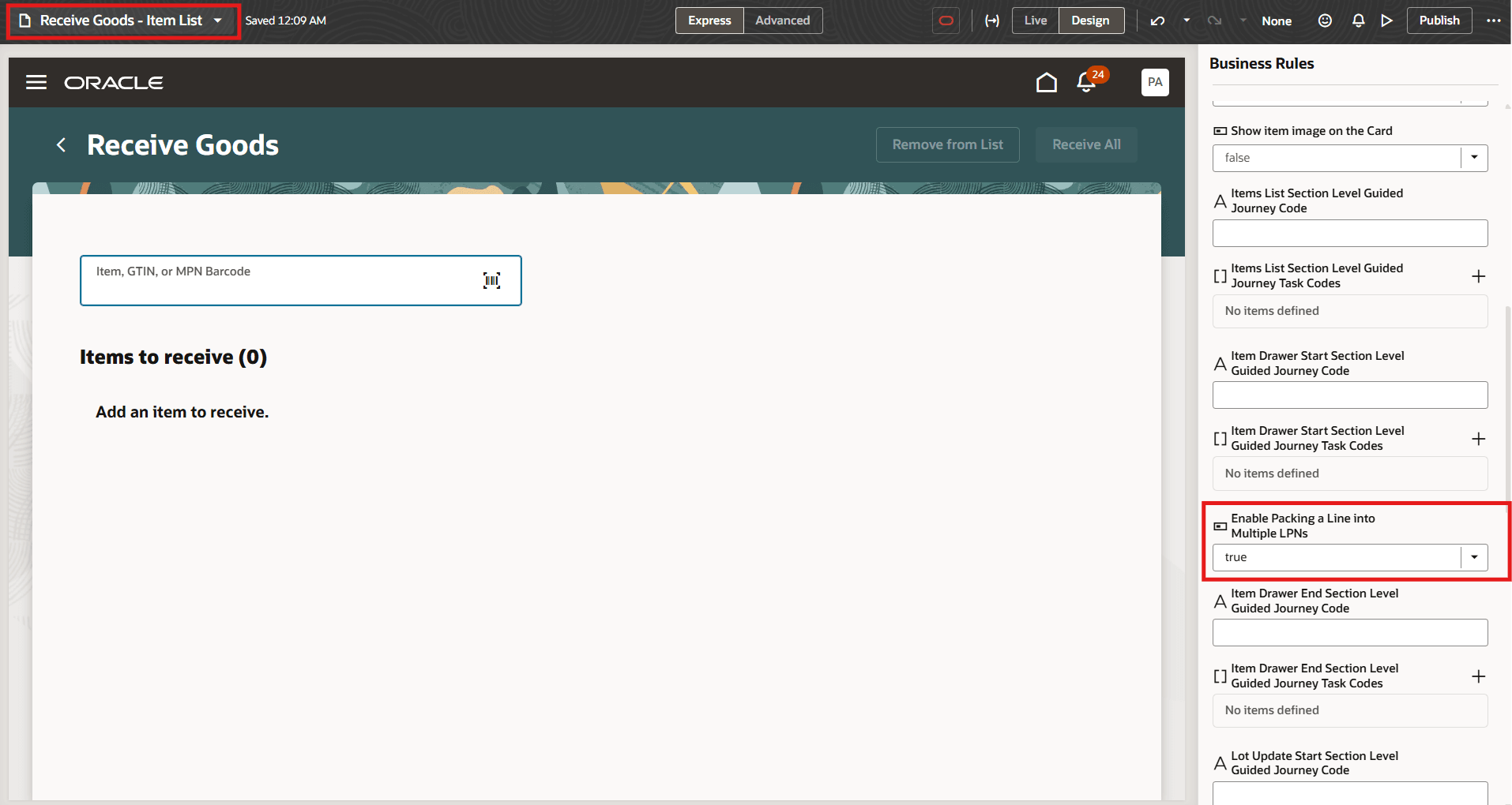 Page properties for enabling packing a line into multiple LPNs in the Receive Goods page