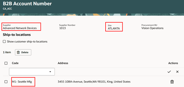 B2B Account number supplier, site, and ship-to location