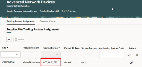 Supplier site trading partner assignment