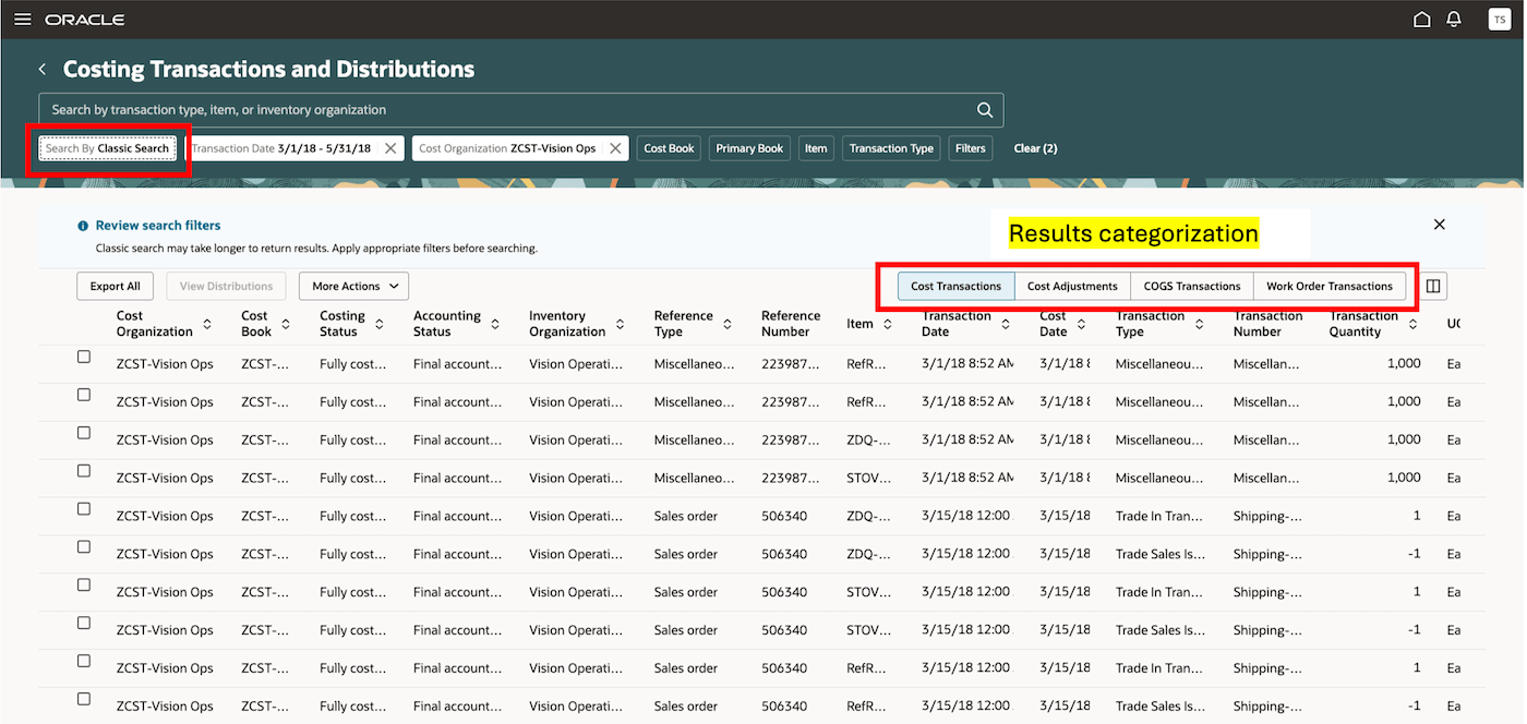 Classic search option on the Costing Transactions and Distributions page