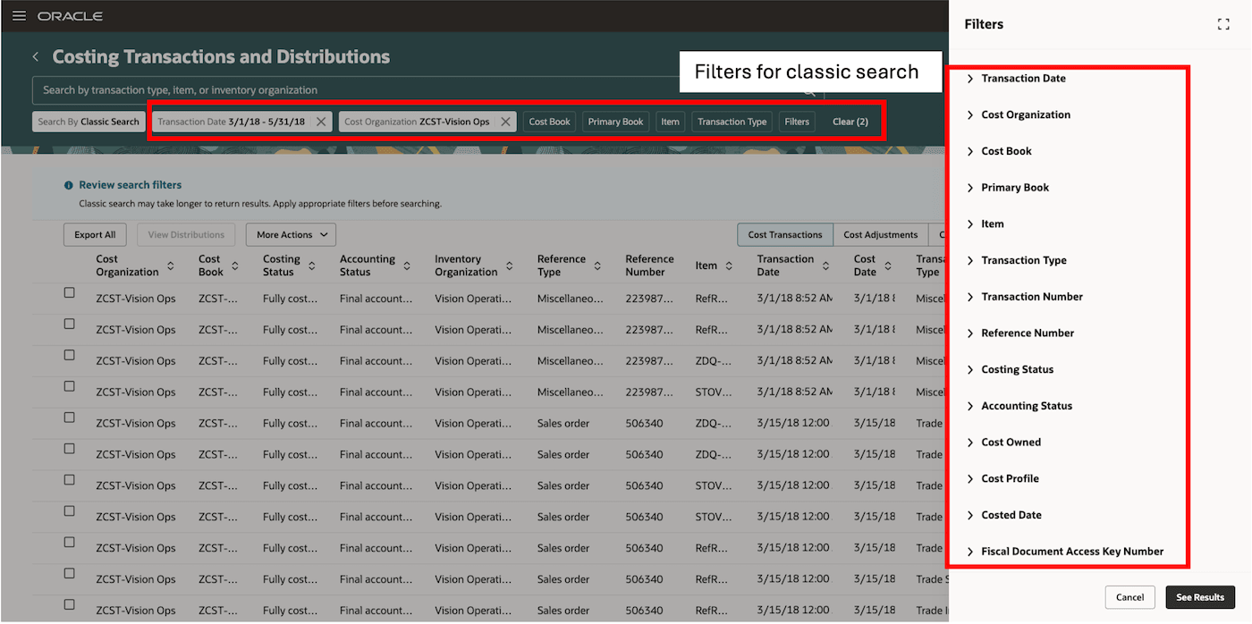 Filters for classic search option on the Costing Transactions and Distributions page