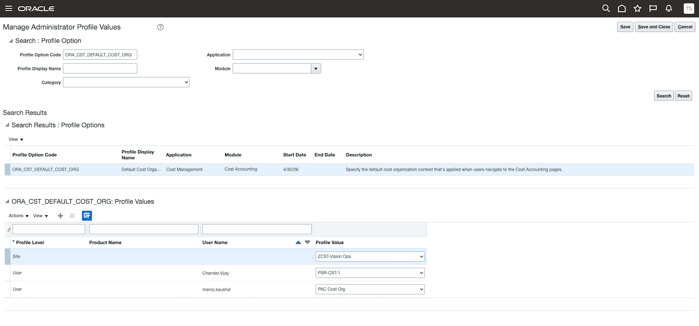 Profile option to set the default cost organization