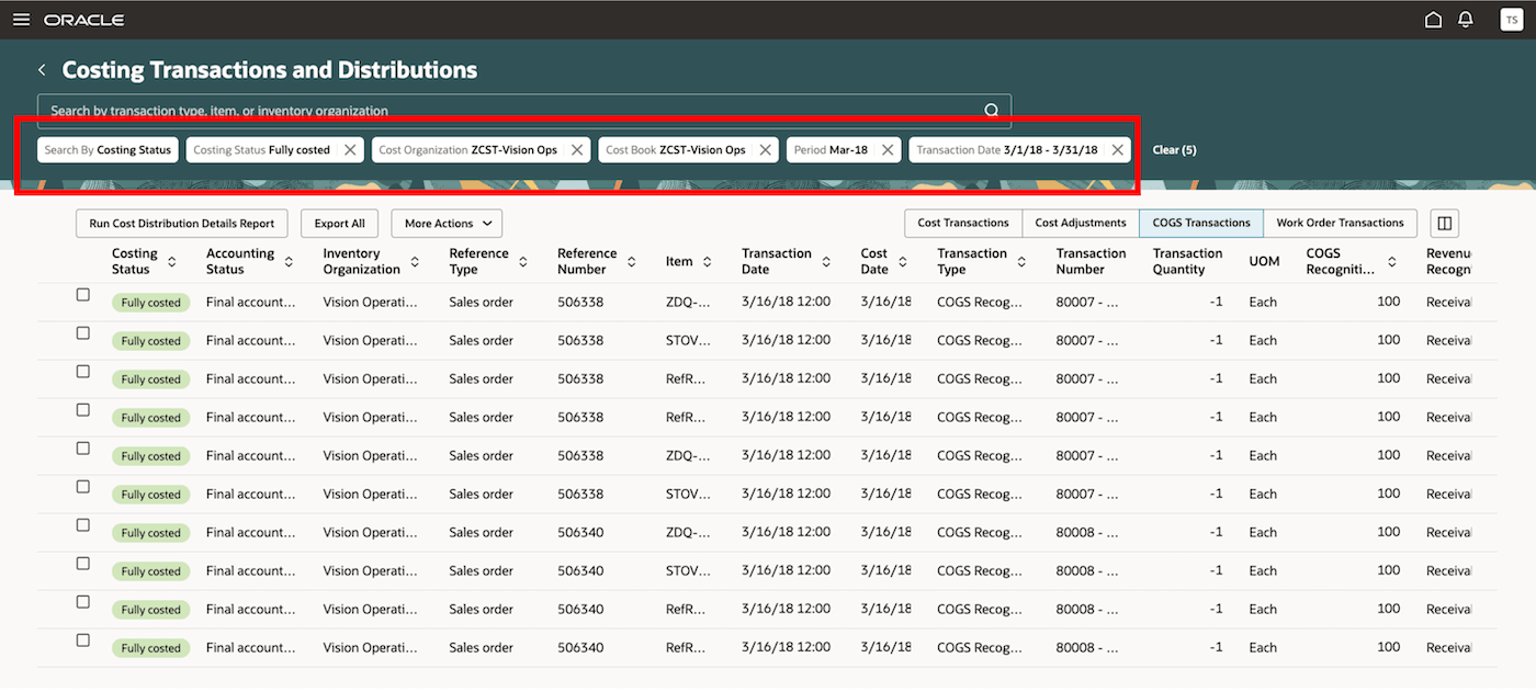 Default search criteria on the Costing Transactions and Distributions page