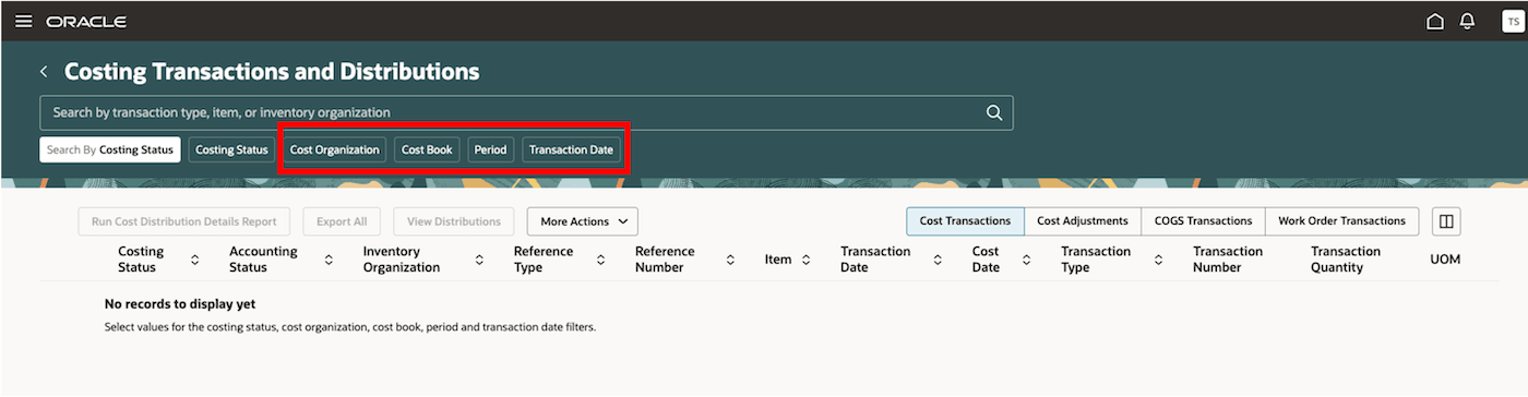 Filters displayed for the selected search by option