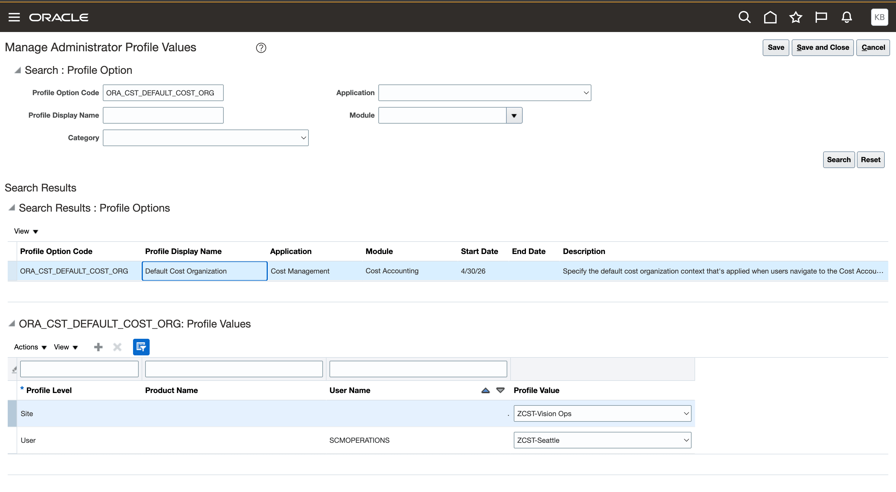 Figure 1 - Cost Organization defaulted on the profile option
