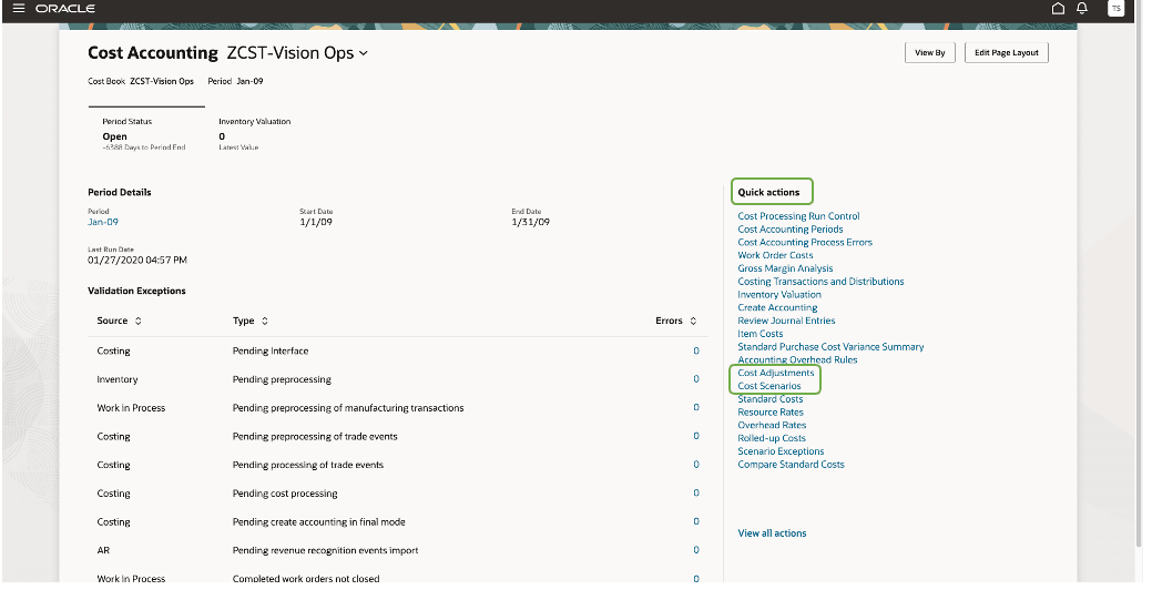 Figure 2: Open a  Cost Accounting or Cost Planning page from the quick actions
