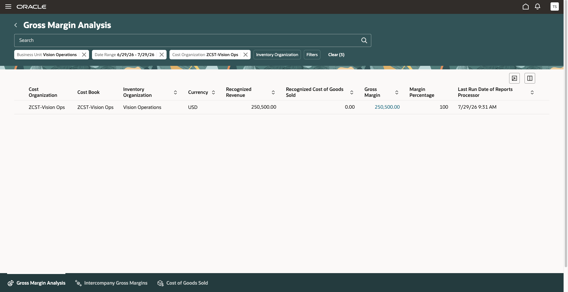 Figure 4: View the derived costing context on the target page.