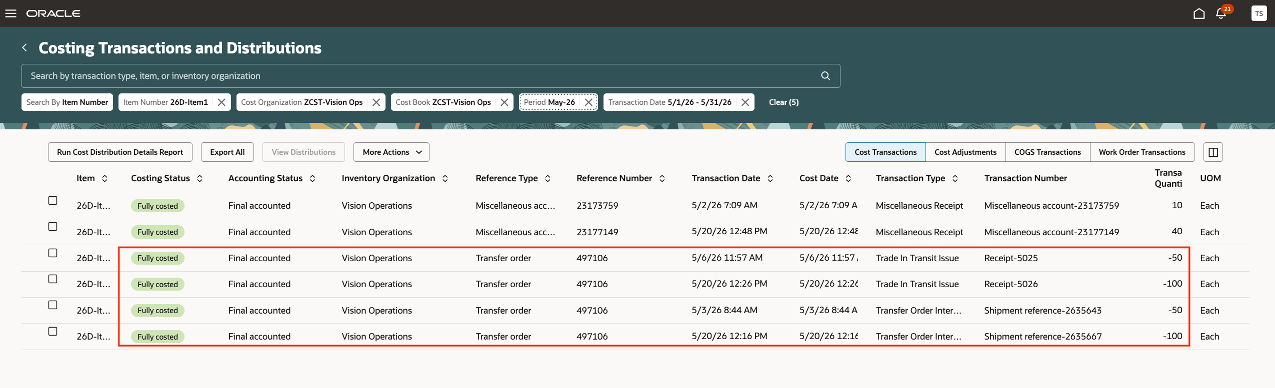 Costing Transactions and Distributions page showing standard-cost item transactions with fully costed status and final accounted status
