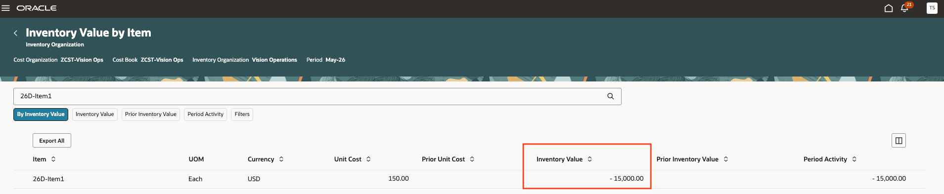 Inventory Value by Item page showing a standard-cost item with negative inventory value and period activity.