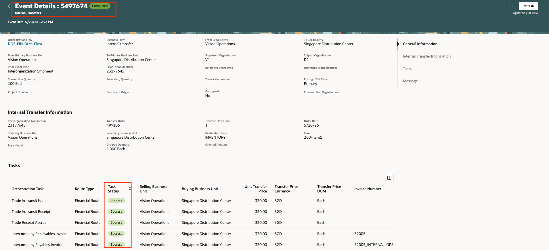 Event Details page showing completed internal transfer tasks for a Financial Orchestration event.