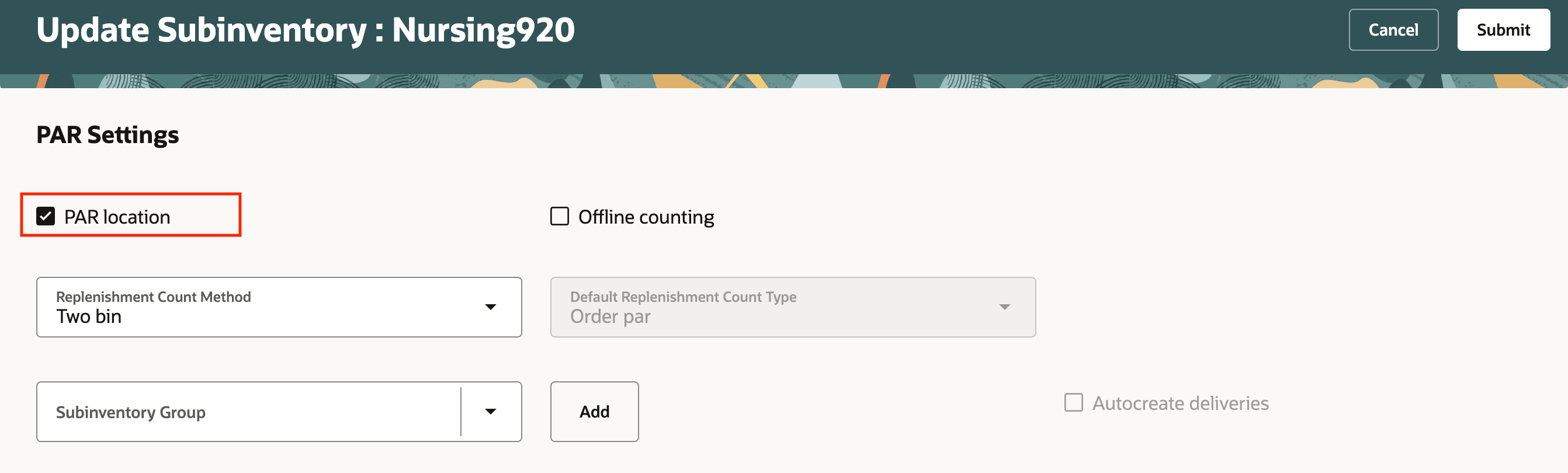 Par subinventory setup