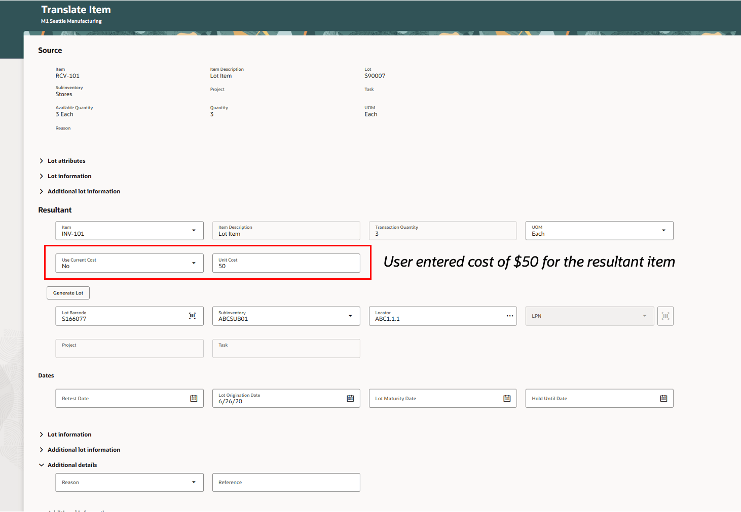 User Entered Cost during Item Translate
