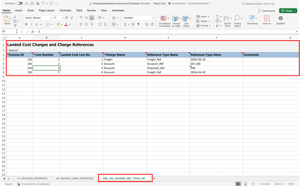 Charges and charge references sheet in the payables standard invoice import template