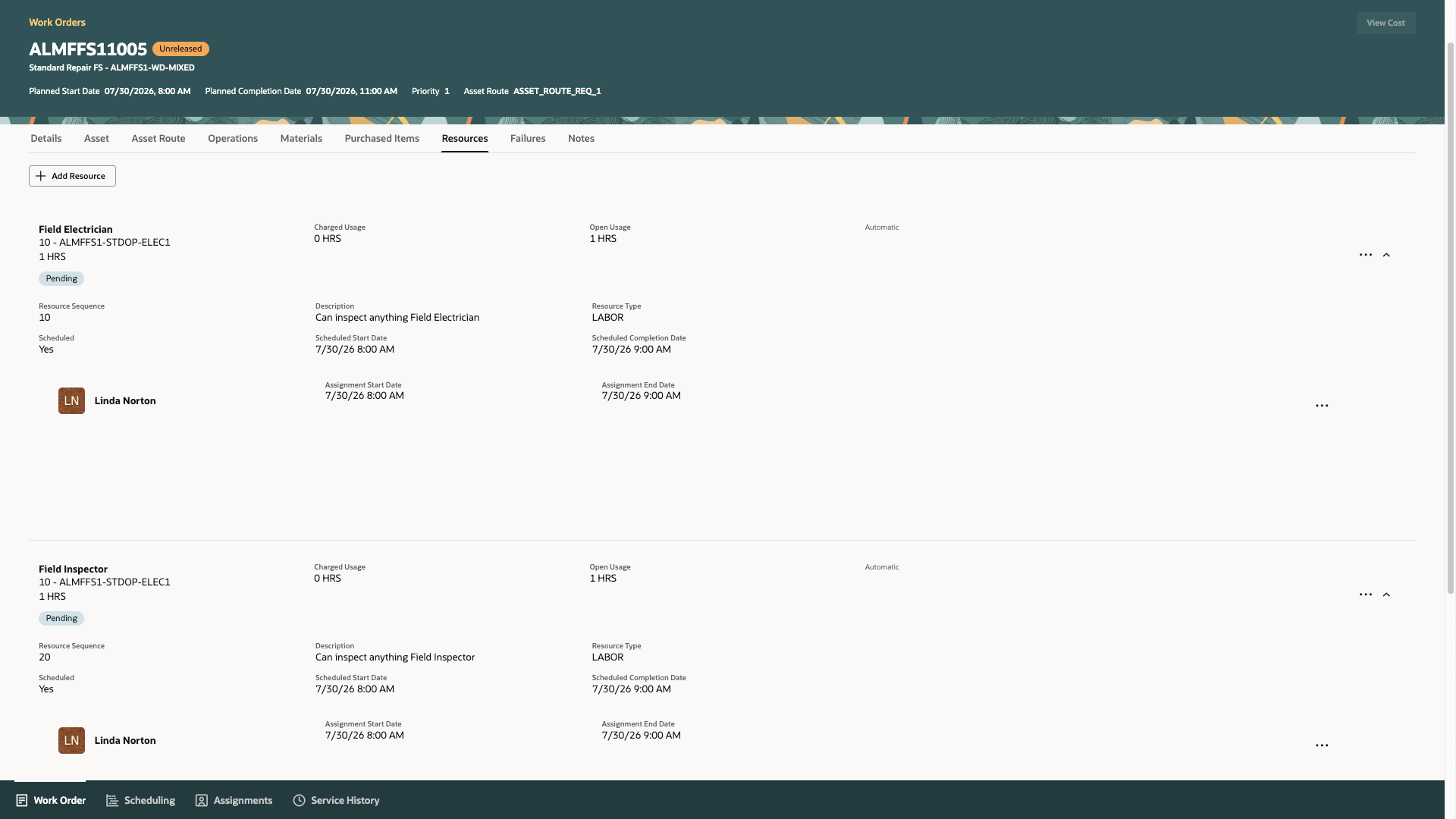 Example of resource Linda Norton configured with multiple job categories