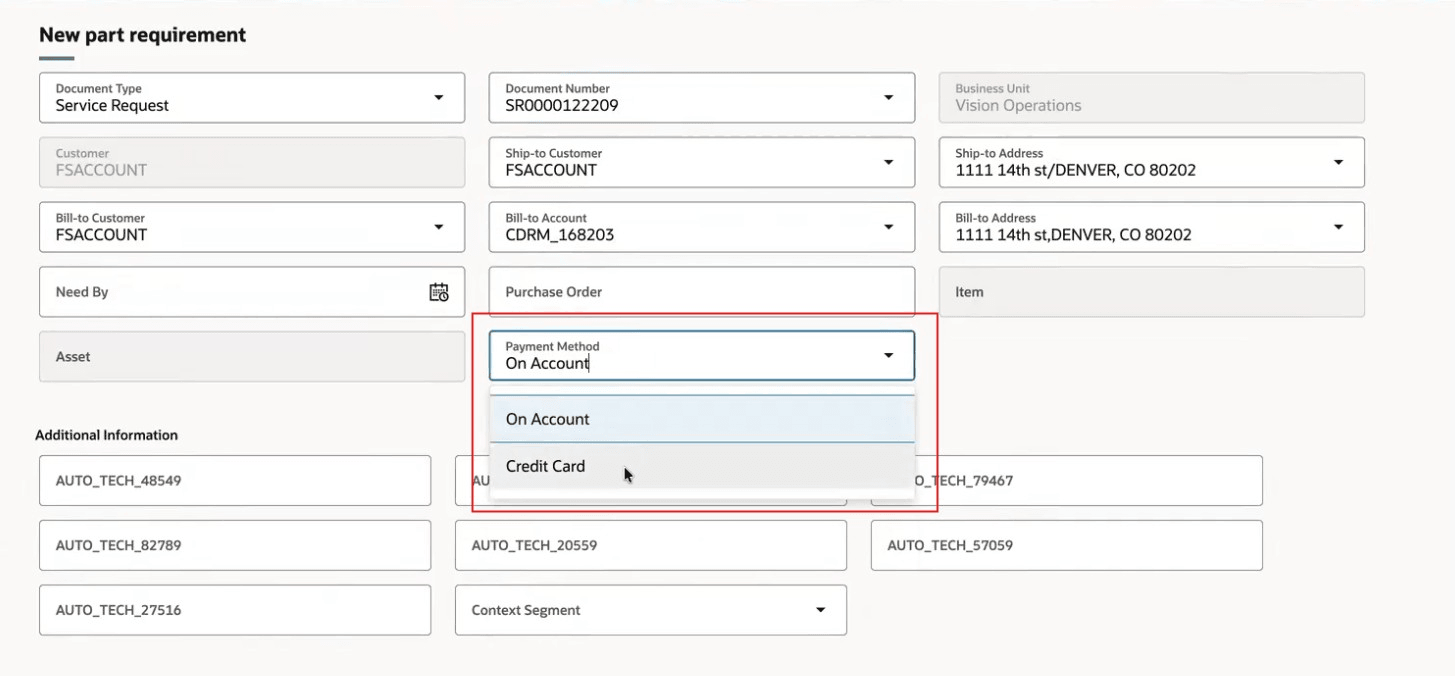 Part Requirement Header - Payment Method