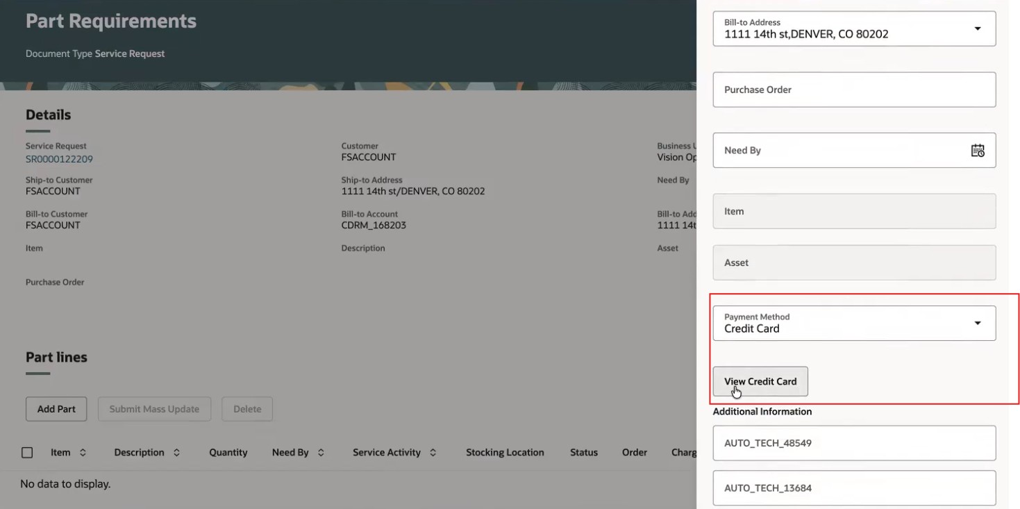 Edit Part Requirement Header with Payment Method
