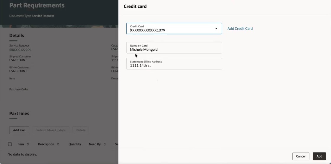 Credit Card Drawer accessed from the Edit Part Requirement Drawer