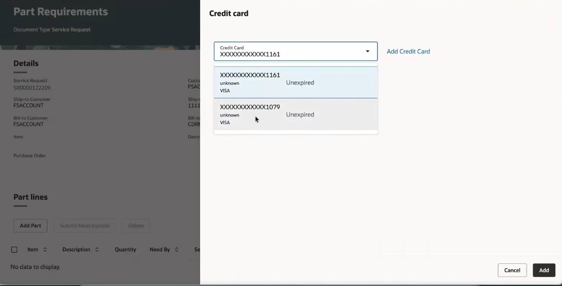 Edit Part Requirement Header Credit Card LOV