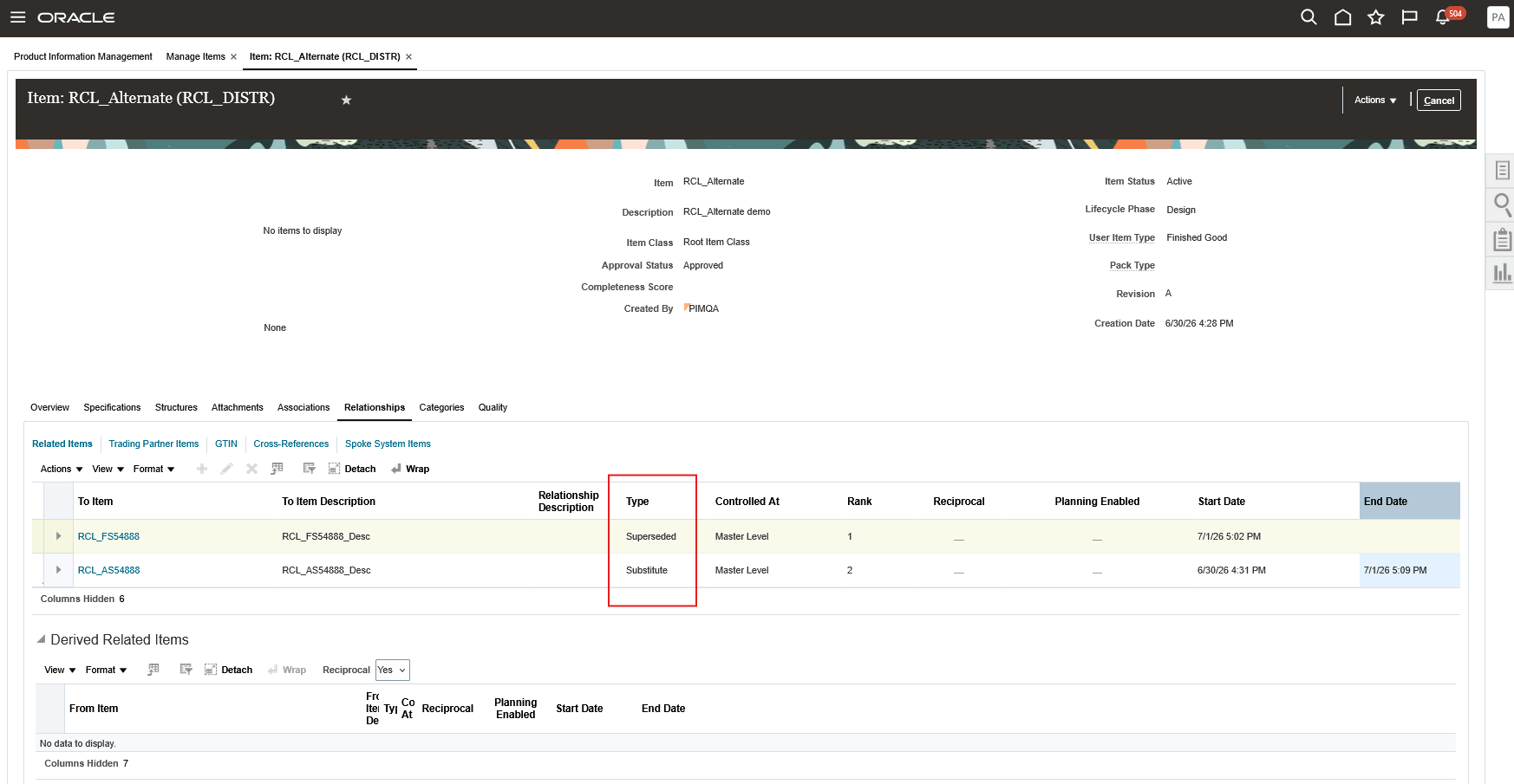 Manage Items - Relationship Tab
