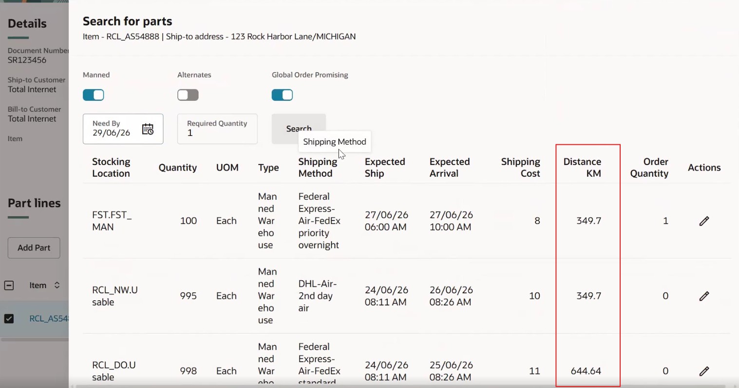 Parts Search UI with Distance