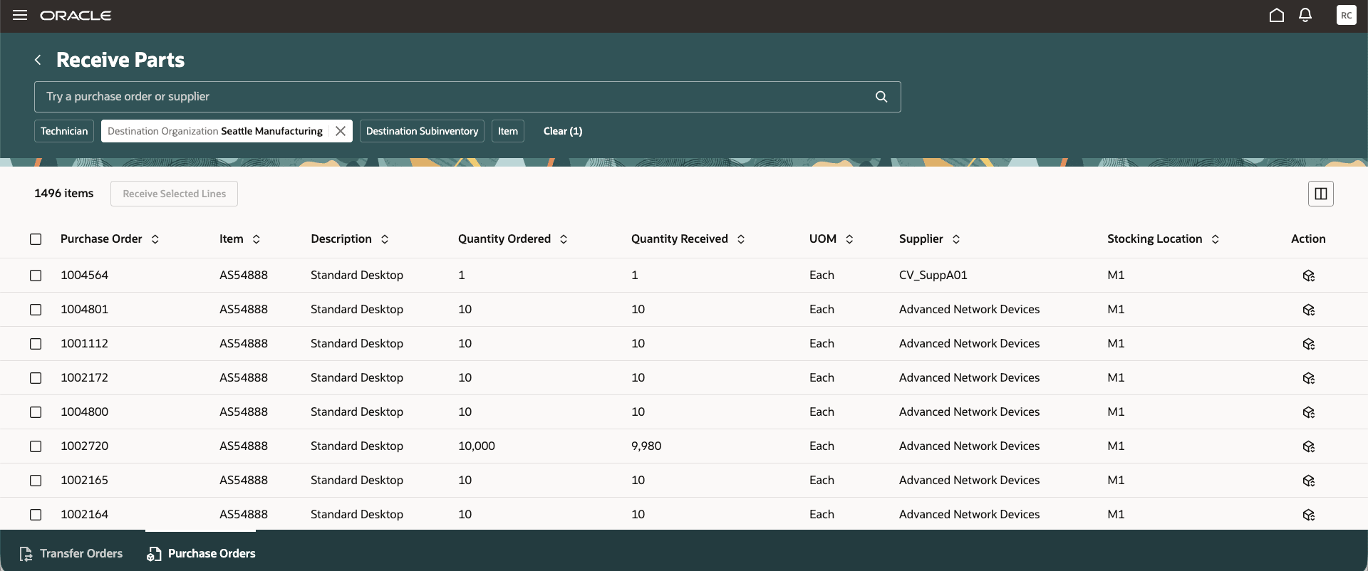 Receive Parts for Purchase Orders Search List