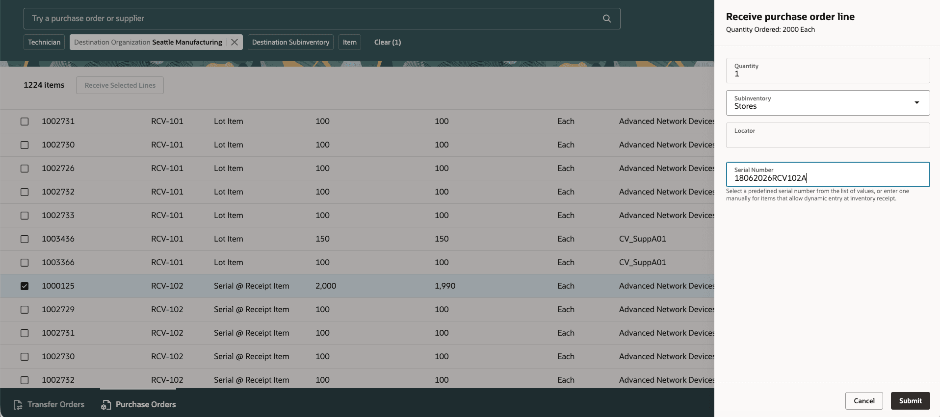 Receive Purchase Order for Serial Controlled Item