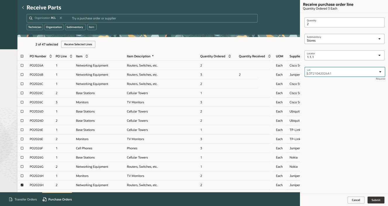 Receive Purchase Order for Lot Item