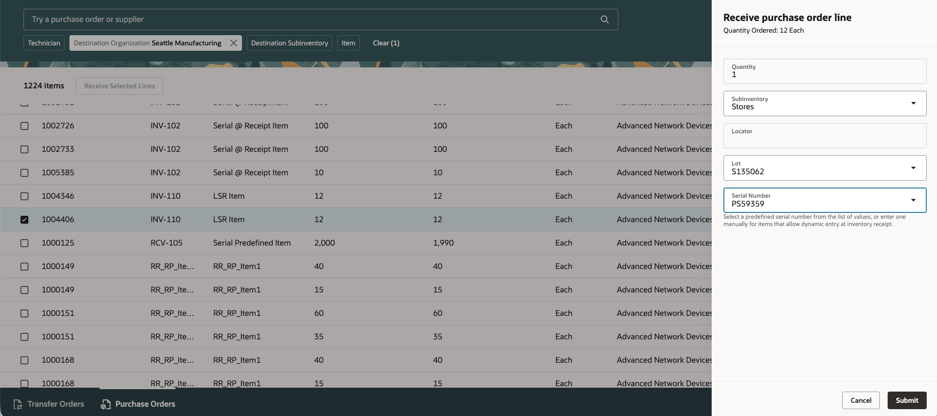 Receive Purchase Order for Serial and Lot Controlled Item