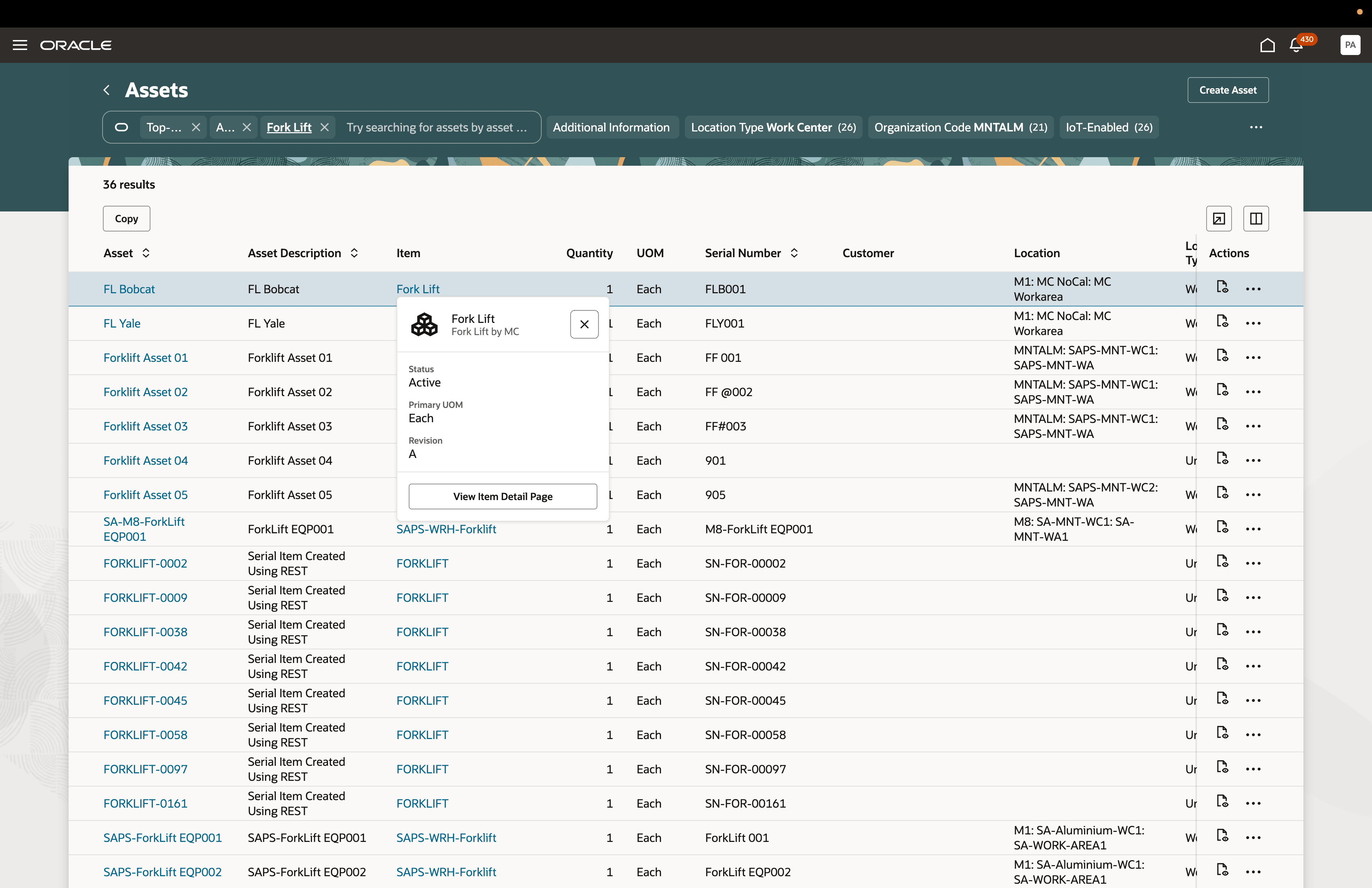 New contextual information dialog box for item in Asset Information Management