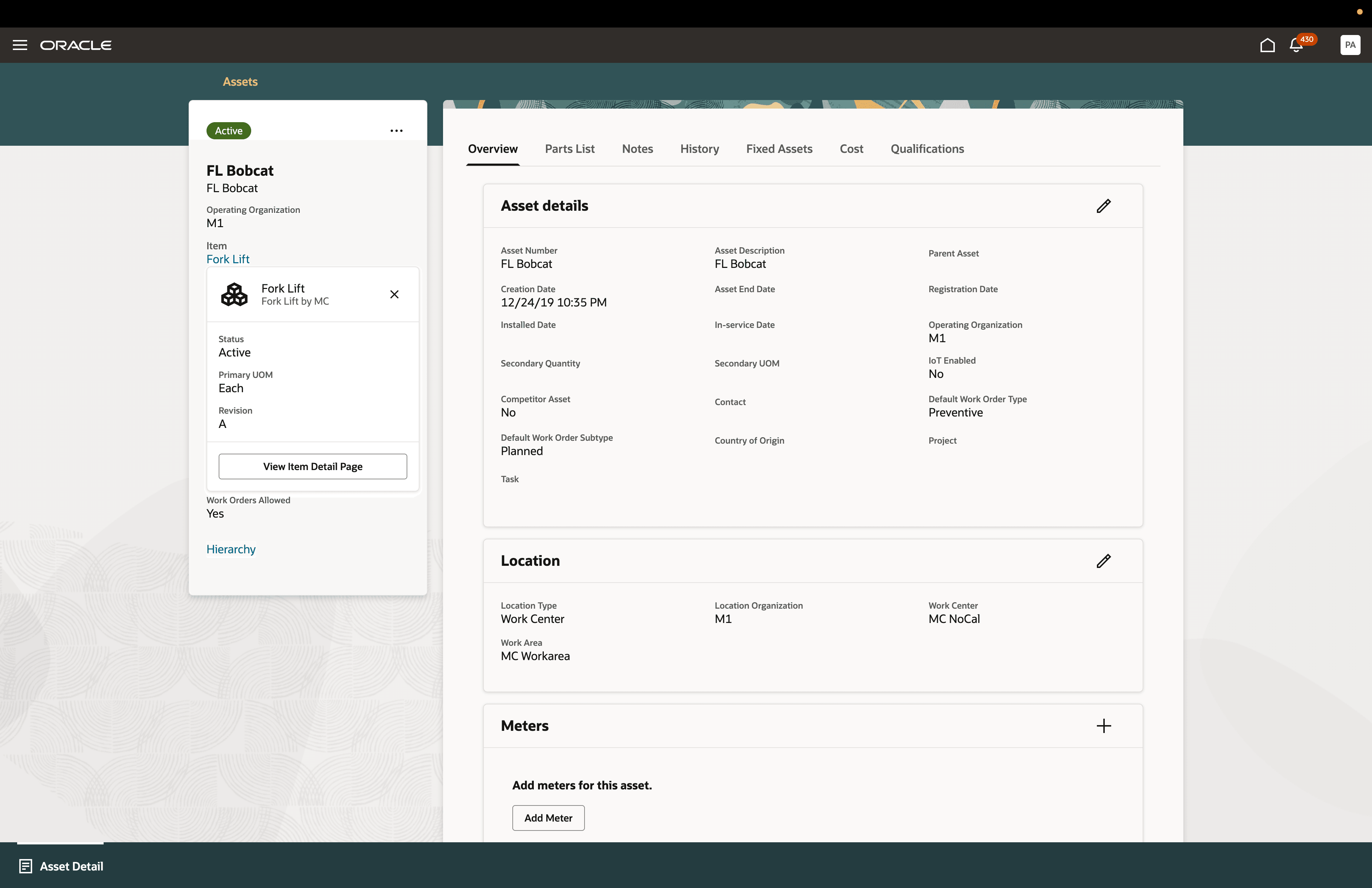 New contextual information dialog box for item in Asset Details page