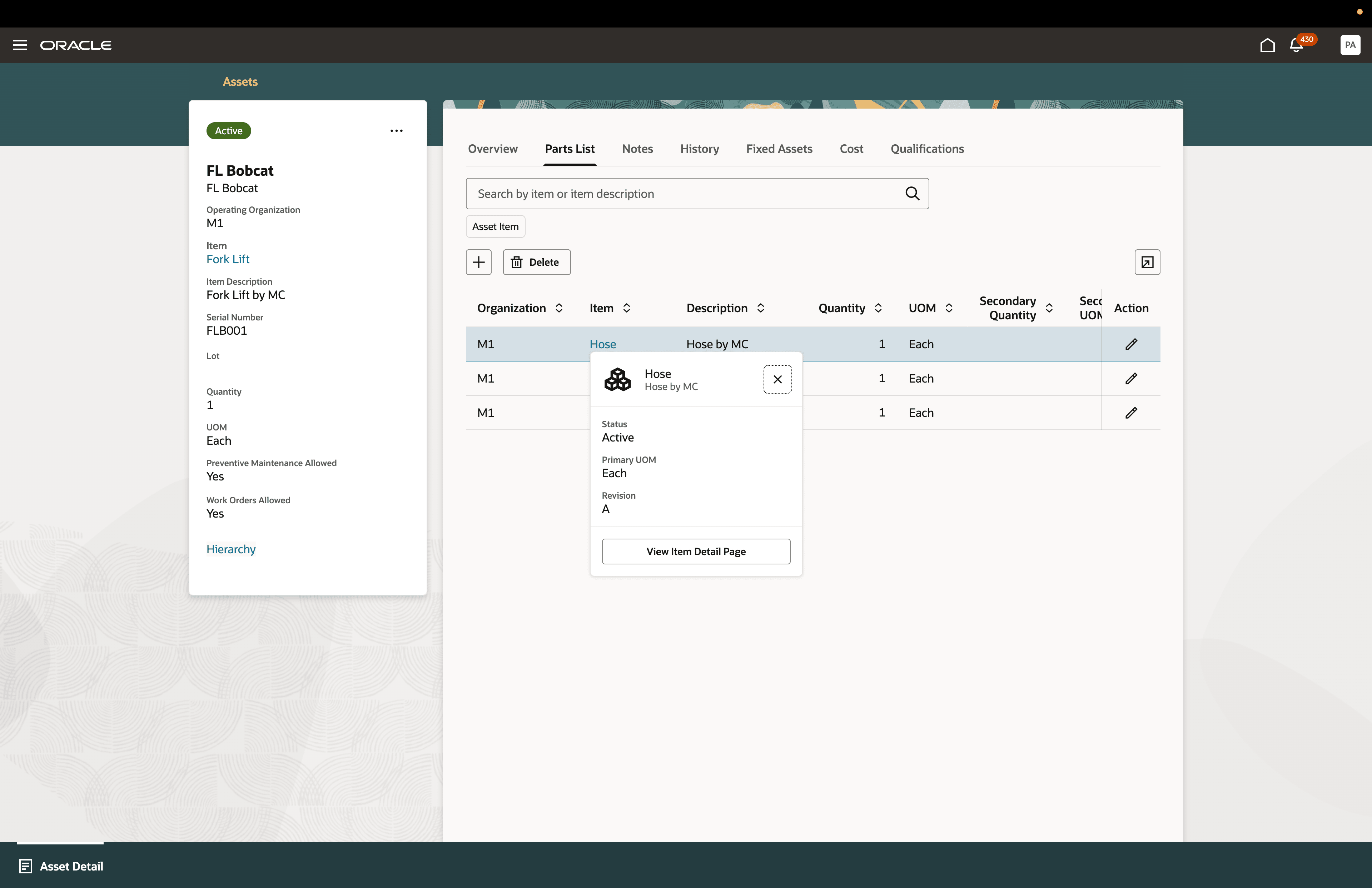 New contextual information dialog box for item in Parts List tab